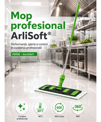 Set mop profesional verde 40 cm, cu suport și mâner aluminiu 140 cm, pentru bucătării