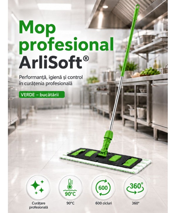 Set mop profesional verde 40 cm, cu suport și mâner aluminiu 140 cm, pentru bucătării