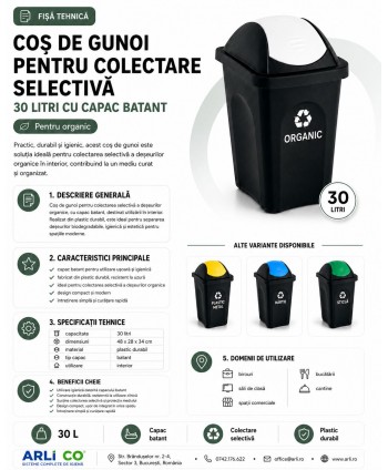 Coș de gunoi pt colectare selectiva deseuri organice, 30 litri, capac batant