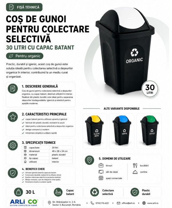 Coș de gunoi pt colectare selectiva deseuri organice, 30 litri, capac batant