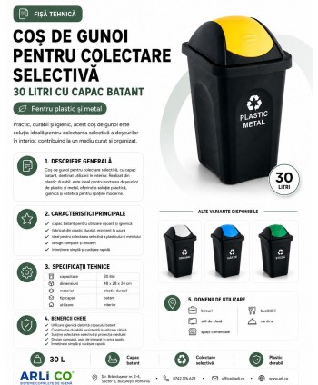 Coș de gunoi pt colectare selectiva deseuri din plastic, 30 litri, capac batant