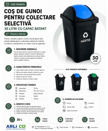 Coș de gunoi pt colectare selectiva deseuri din hartie, 30 litri, capac batant