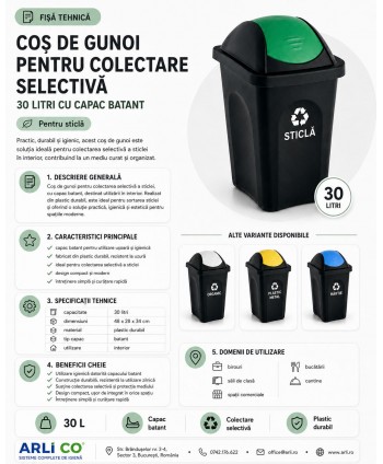 Coș de gunoi pt colectare selectiva deseuri din sticla, 30 litri, capac batant