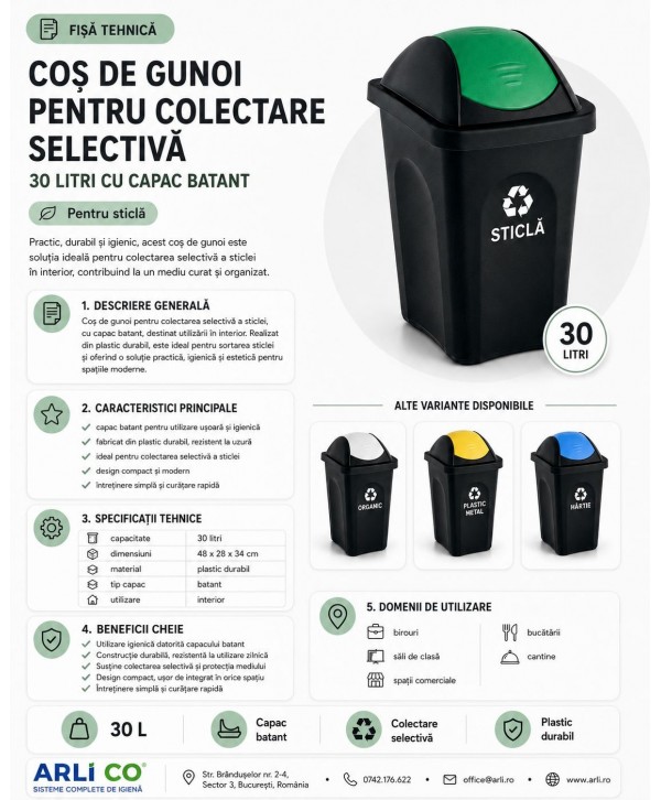 Coș de gunoi pt colectare selectiva deseuri din sticla, 30 litri, capac batant Coș de gunoi pt colectare selectiva deseuri din sticla, 30 litri, capac batant