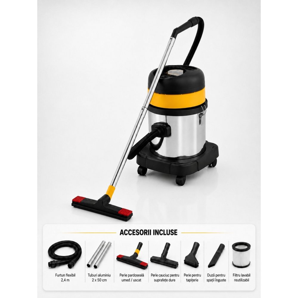Aspirator profesional umed/uscat ArliTech® 3420 Inox – Putere 1200W, Eficiență și Responsabilitate Ecologică
