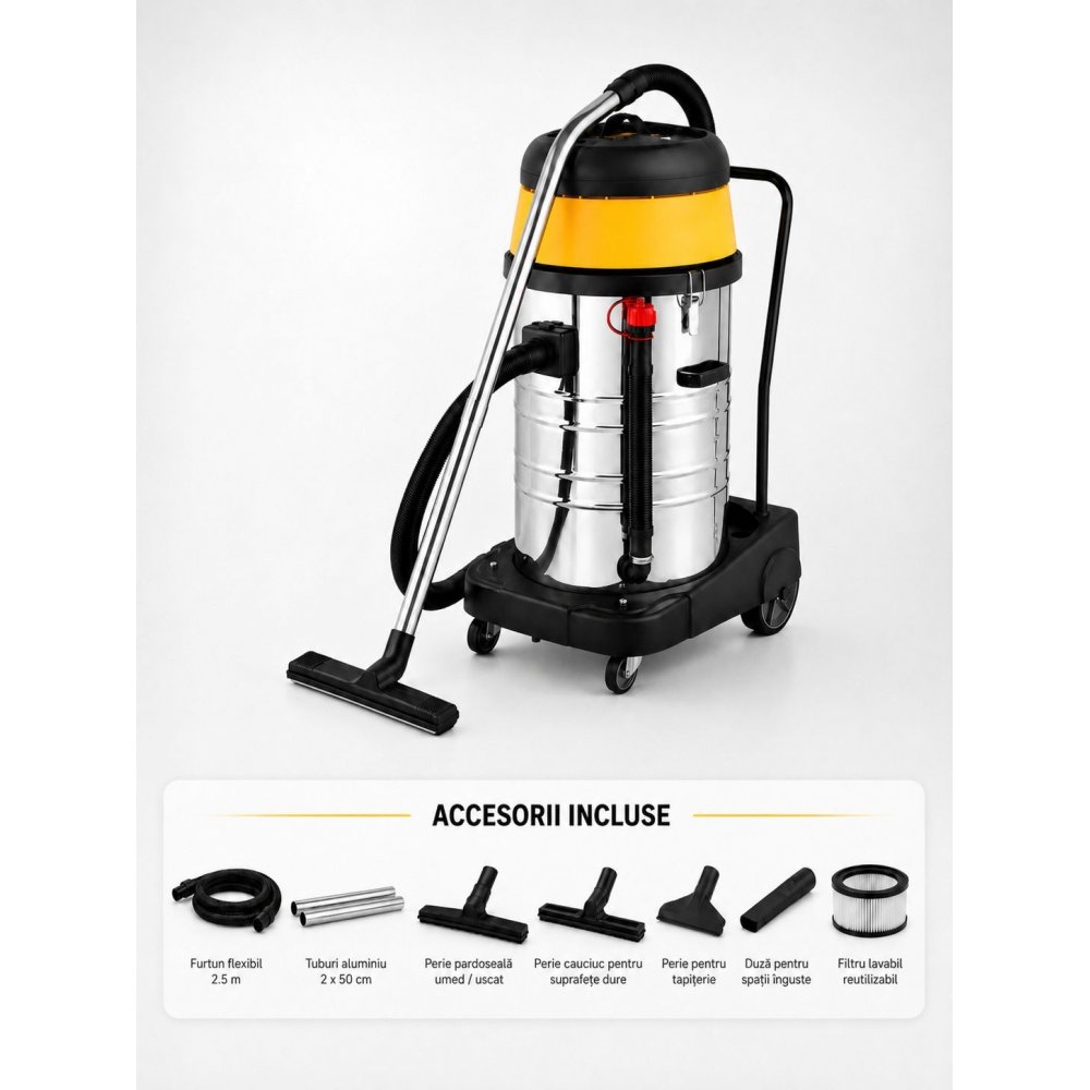 Aspirator profesional umed/uscat ArliTech® 602 Inox – Putere 2400W, Performanță și Fiabilitate pentru Trafic Intens