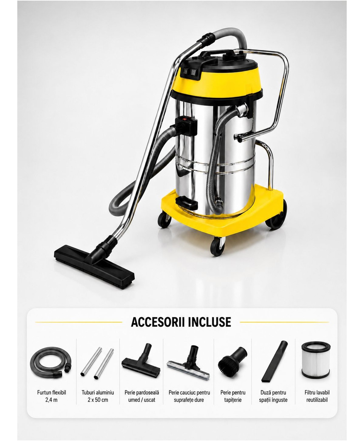 Aspirator profesional umed/uscat, Putere 2400 W, 60 L inox,  2500 mm H2O, 5 ani Garantie, ArliTech® CH602