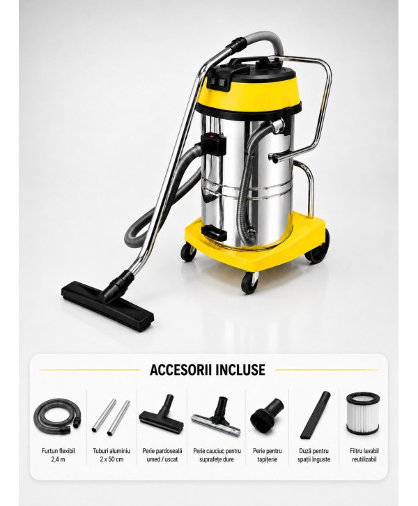 Aspirator profesional umed/uscat, Putere 2400 W, 60 L inox,  2500 mm H2O, 5 ani Garantie, ArliTech® CH602