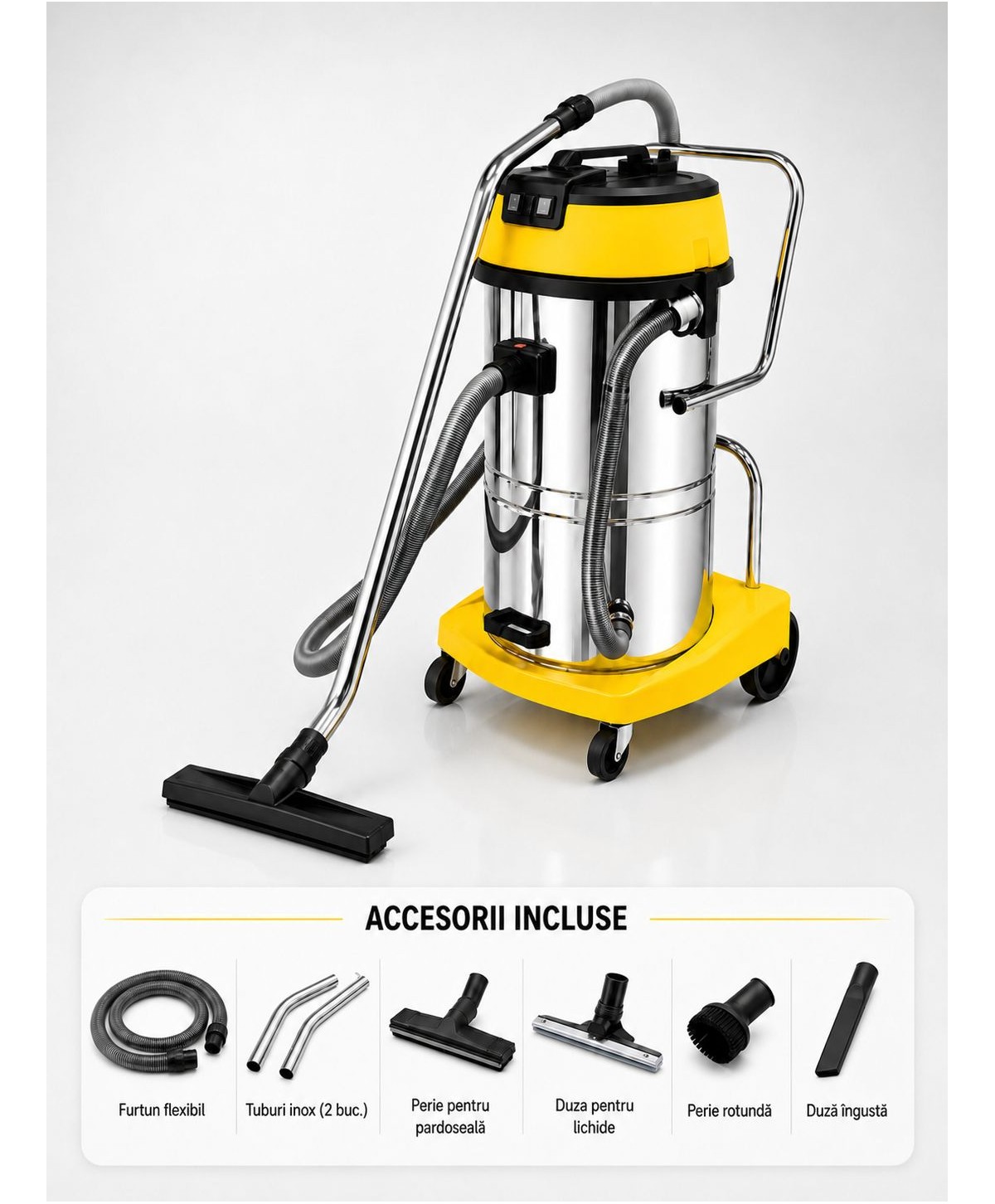 Aspirator profesional umed/uscat, Putere 2400 W, 80 L inox,  2500 mm H2O, 5 ani Garantie, ArliTech® CH802
