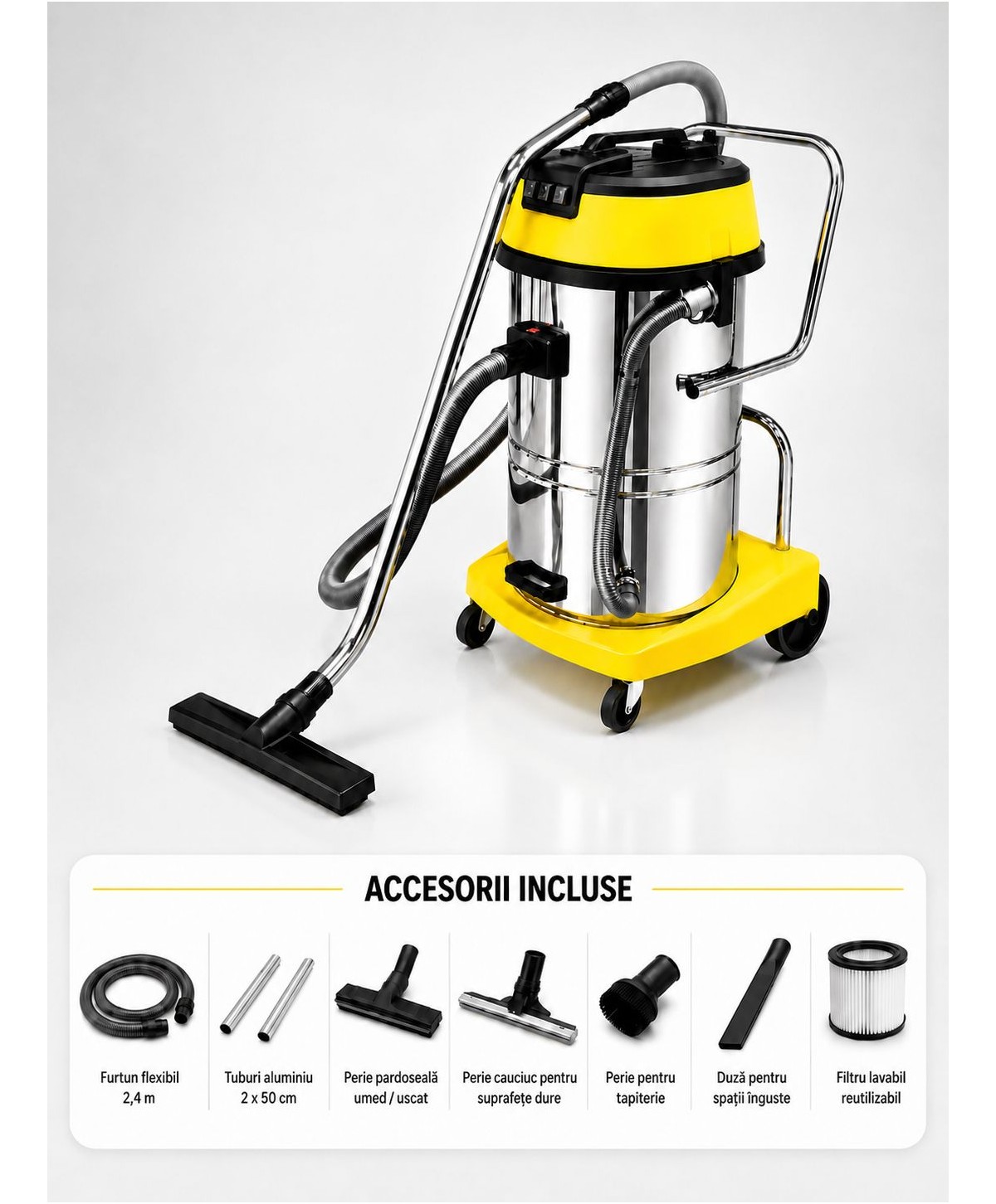 Aspirator profesional umed/uscat, Putere 3600 W, 80 L inox,  2500 mm H2O, 5 ani Garantie, ArliTech® CH803