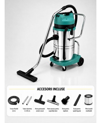 Aspirator profesional umed/uscat, Putere 2400 W, 60 L inox,  2500 mm H2O, 5 ani Garantie, ArliTech® A602