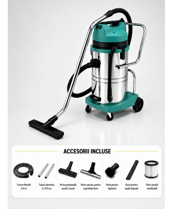Aspirator profesional umed/uscat, Putere 2400 W, 60 L inox,  2500 mm H2O, 5 ani Garantie, ArliTech® A602