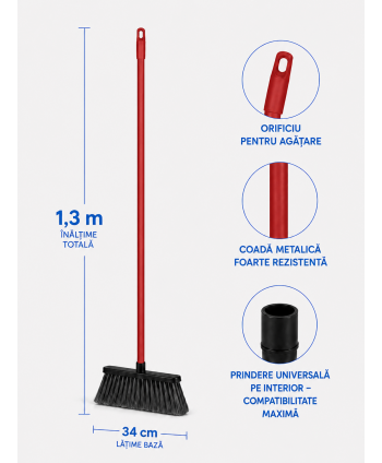 Mătură cu coadă metalică roșie, 1,3 m, lățime 34 cm – pentru toalete