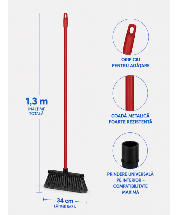 Mătură cu coadă metalică roșie, 1,3 m, lățime 34 cm – pentru toalete Mătură cu coadă metalică roșie, 1,3 m, lățime 34 cm – pentru toalete