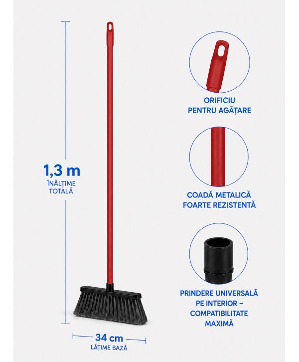 Mătură cu coadă metalică roșie, 1,3 m, lățime 34 cm – pentru toalete Mătură cu coadă metalică roșie, 1,3 m, lățime 34 cm – pentru toalete