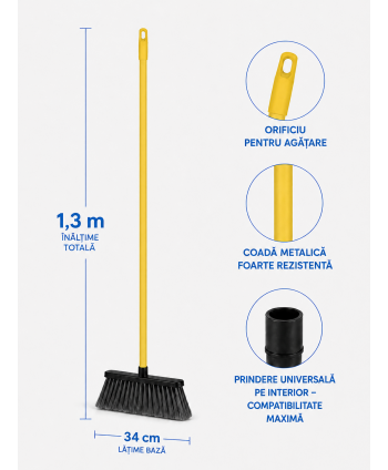 Mătură cu coadă metalică galbenă, 1,3 m, lățime 34 cm – pentru lavoare