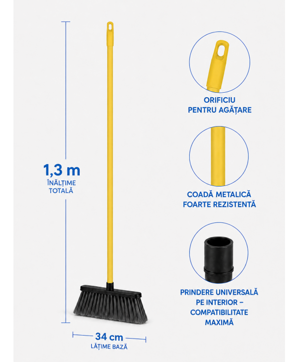Mătură cu coadă metalică galbenă, 1,3 m, lățime 34 cm – pentru lavoare Mătură cu coadă metalică galbenă, 1,3 m, lățime 34 cm – pentru lavoare