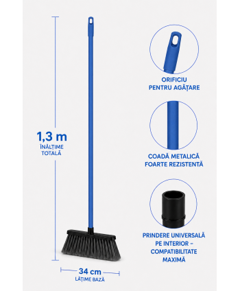 Mătură cu coadă metalică albastră, 1,3 m, lățime 34 cm – pentru birouri