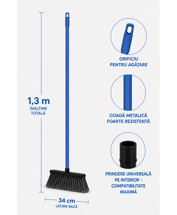 Mătură cu coadă metalică albastră, 1,3 m, lățime 34 cm – pentru birouri Mătură cu coadă metalică albastră, 1,3 m, lățime 34 cm – pentru birouri