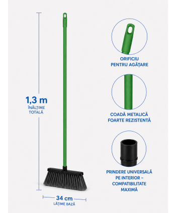 Mătură cu coadă metalică verde, 1,3 m, lățime 34 cm – pentru bucătării