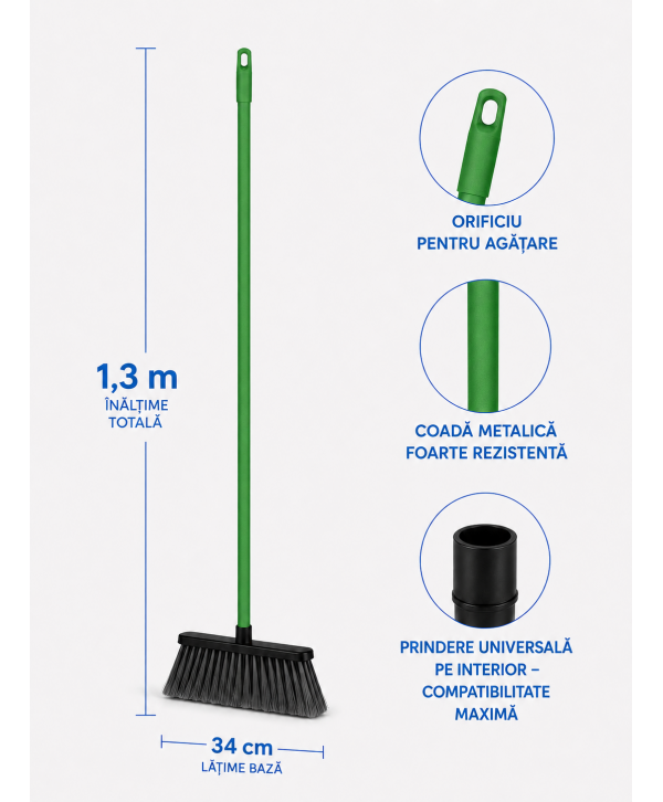 Mătură cu coadă metalică verde, 1,3 m, lățime 34 cm – pentru bucătării