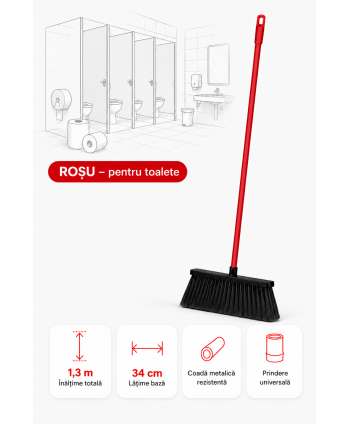 Mătură cu coadă metalică roșie, 1,3 m, lățime 34 cm – pentru toalete