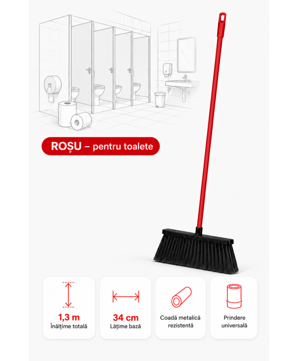 Mătură cu coadă metalică roșie, 1,3 m, lățime 34 cm – pentru toalete Mătură cu coadă metalică roșie, 1,3 m, lățime 34 cm – pentru toalete