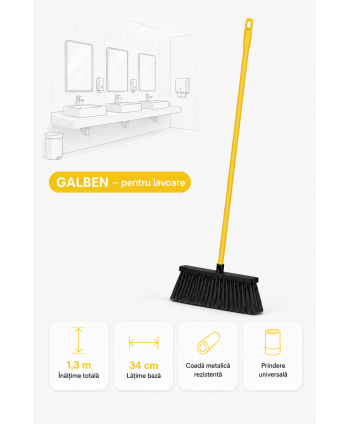  Acasa - Mătură cu coadă metalică galbenă, 1,3 m, lățime 34 cm – pentru lavoare - arli.ro