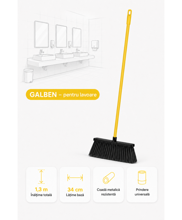 Mătură cu coadă metalică galbenă, 1,3 m, lățime 34 cm – pentru lavoare Mătură cu coadă metalică galbenă, 1,3 m, lățime 34 cm – pentru lavoare