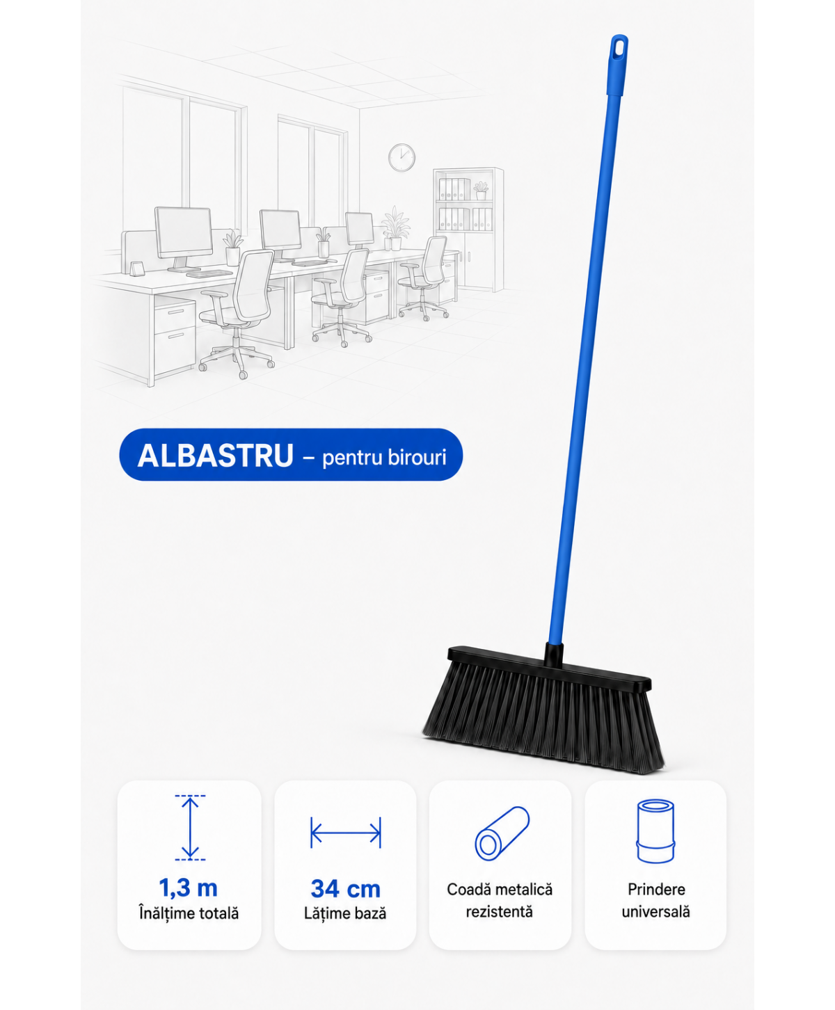 Mătură cu coadă metalică albastră, 1,3 m, lățime 34 cm – pentru birouri