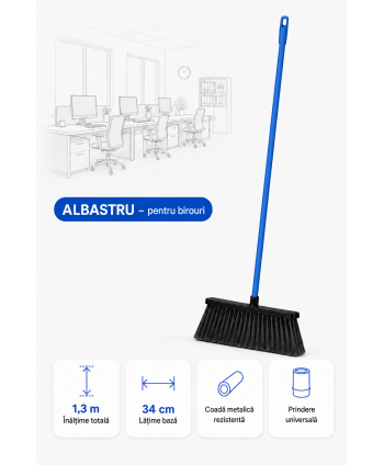 Mătură cu coadă metalică albastră, 1,3 m, lățime 34 cm – pentru birouri