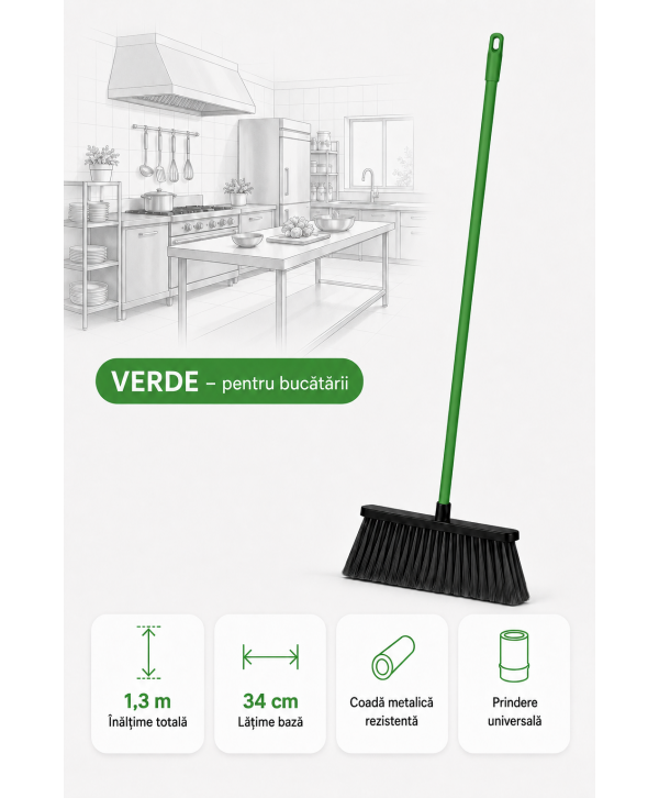 Mătură cu coadă metalică verde, 1,3 m, lățime 34 cm – pentru bucătării