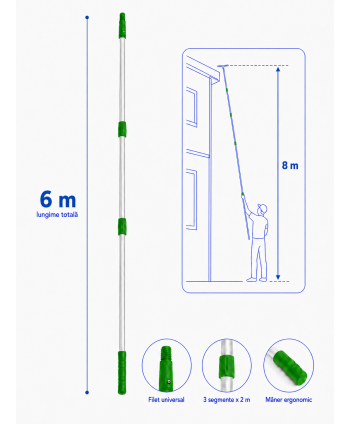 Materiale de curatenie - Mâner telescopic profesional din aluminiu, 6 m, 3 segmente x 2 m – filet universal - arli.ro