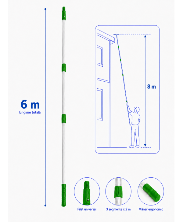  Materiale de curatenie - - Mâner telescopic profesional din aluminiu, 6 m, 3 segmente x 2 m – filet universal - arli.ro