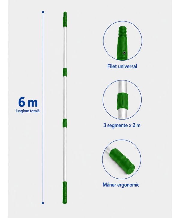Mâner telescopic profesional din aluminiu, 6 m, 3 segmente x 2 m – filet universal Mâner telescopic profesional din aluminiu, 6 m, 3 segmente x 2 m – filet universal