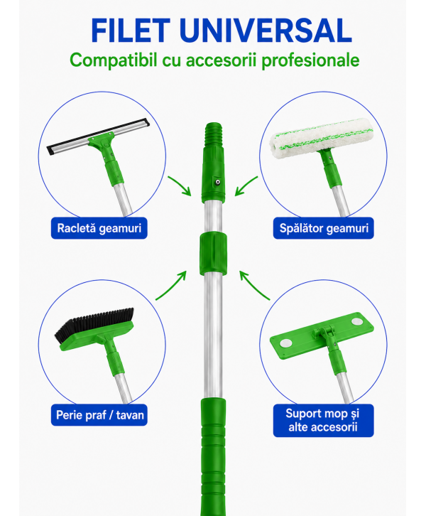 Mâner telescopic profesional din aluminiu, 6 m, 3 segmente x 2 m – filet universal Mâner telescopic profesional din aluminiu, 6 m, 3 segmente x 2 m – filet universal