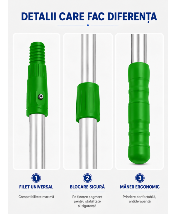 Mâner telescopic profesional din aluminiu, 6 m, 3 segmente x 2 m – filet universal Mâner telescopic profesional din aluminiu, 6 m, 3 segmente x 2 m – filet universal