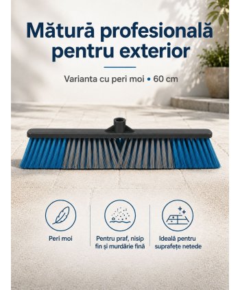 Mătură Profesională de Exterior cu Peri Flexibili 60 cm - murdărie fină, praf, nisip pe Beton, Asfalt, Marmură & Mozaic