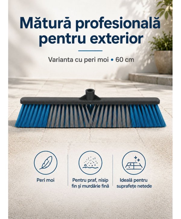 Mătură Profesională de Exterior cu Peri Flexibili 60 cm - murdărie fină, praf, nisip pe Beton, Asfalt, Marmură & Mozaic Mătură Profesională de Exterior cu Peri Flexibili 60 cm - murdărie fină, praf, nisip pe Beton, Asfalt, Marmură & Mozaic