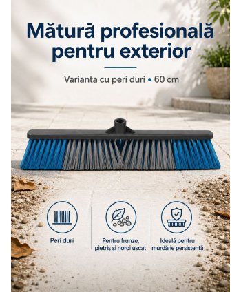 Mătură Profesională de Exterior cu Peri Duri 60 cm – murdărie grea, pietriș, noroi uscat pe pavaj, asfalt, curți industriale
