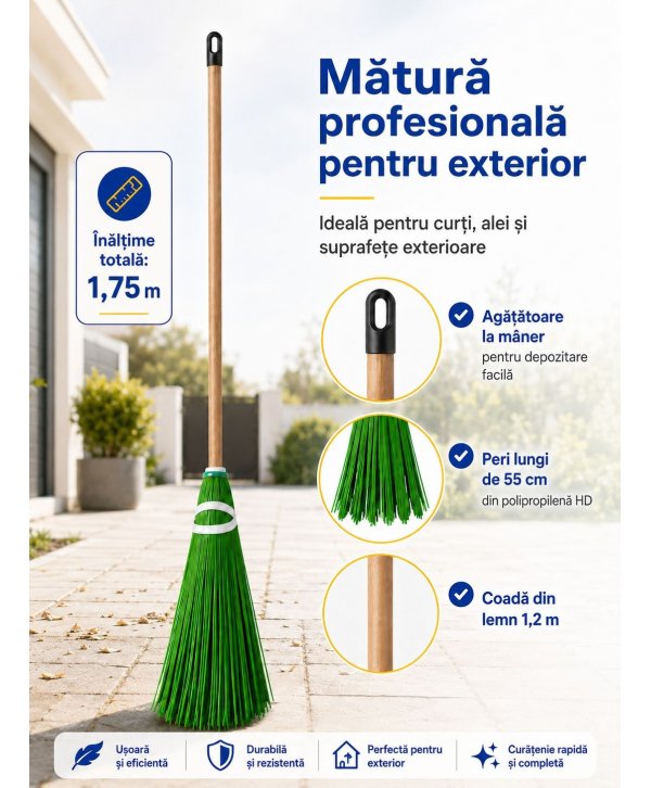 Matura stradala cu peri lungi de 55 cm pentru frunze, nisip și resturi grosiere - Ideala pentru asfalt, pavele și beton Matura stradala cu peri lungi de 55 cm pentru frunze, nisip și resturi grosiere - Ideala pentru asfalt, pavele și beton