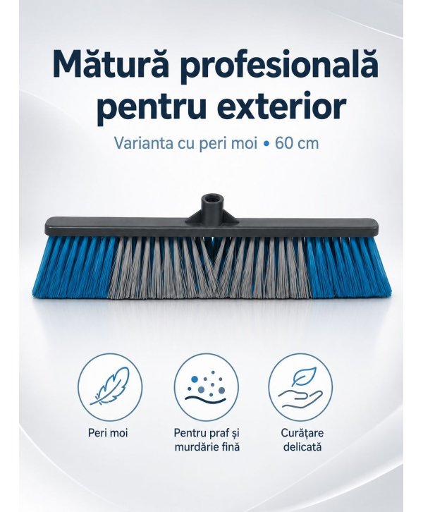 Mătură Profesională de Exterior cu Peri Flexibili 60 cm - murdărie fină, praf, nisip pe Beton, Asfalt, Marmură & Mozaic Mătură Profesională de Exterior cu Peri Flexibili 60 cm - murdărie fină, praf, nisip pe Beton, Asfalt, Marmură & Mozaic