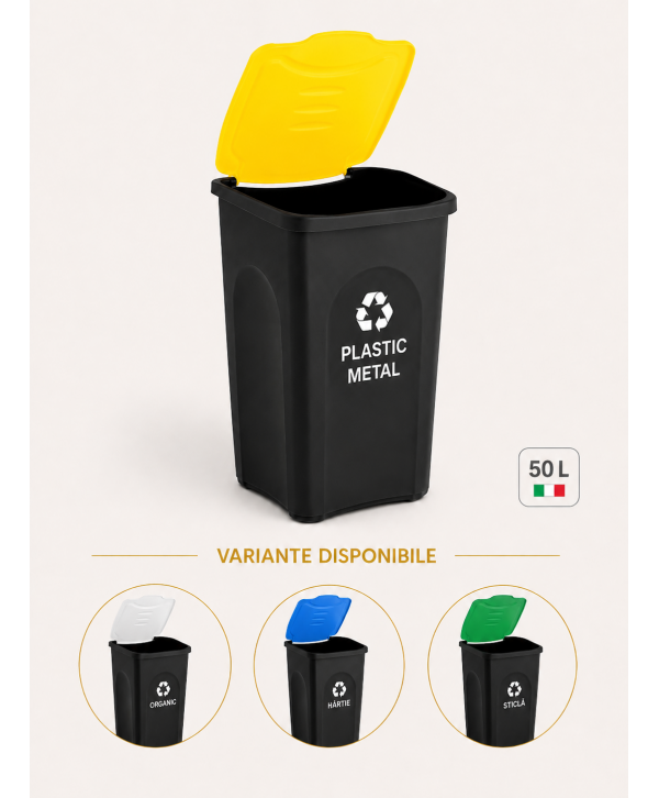 Cos de gunoi colectare selectiva deseuri din plastic EcoGreen 50 litri, cu capac