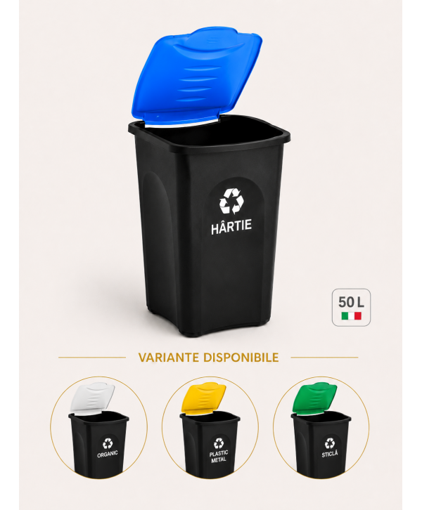 Cos de gunoi colectare selectiva deseuri din hartie EcoGreen 50 litri, cu capac