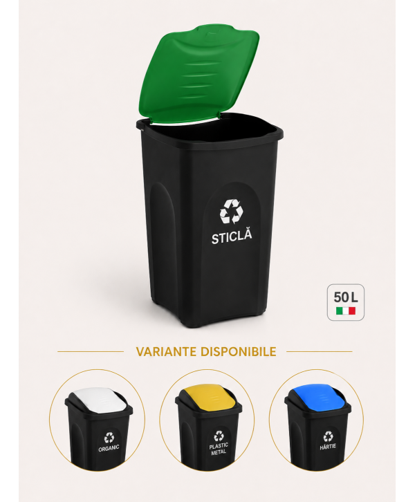 Cos de gunoi colectare selectiva deseuri din sticla EcoGreen 50 litri, cu capac