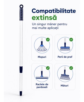 Mâner telescopic Profesional din Aluminiu, Reglabil (100 - 180 cm) pentru Mopuri, Perii de Praf, Mături, Raclete de Pardoseli