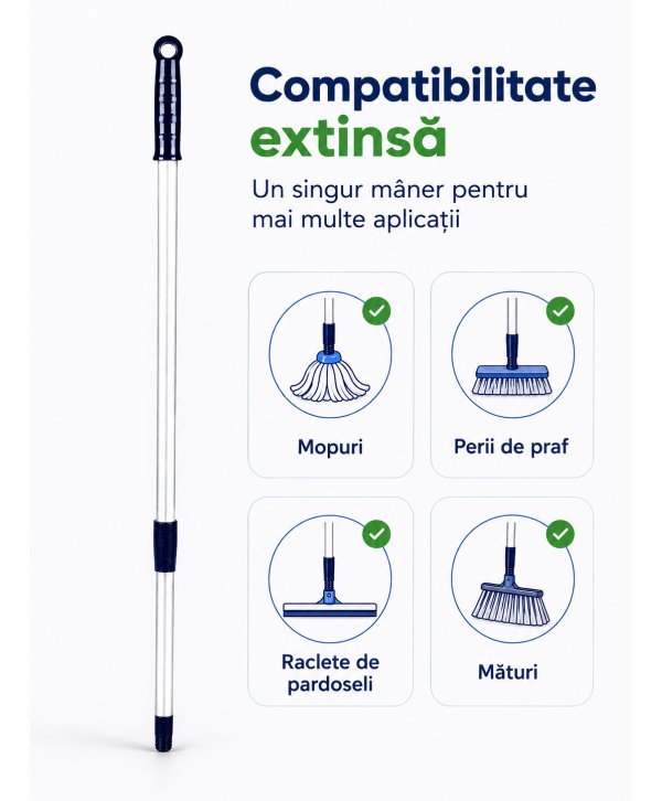 Mâner telescopic Profesional din Aluminiu, Reglabil (100 - 180 cm) pentru Mopuri, Perii de Praf, Mături, Raclete de Pardoseli