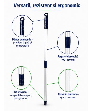 Mâner telescopic Profesional din Aluminiu, Reglabil (100 - 180 cm) pentru Mopuri, Perii de Praf, Mături, Raclete de Pardoseli