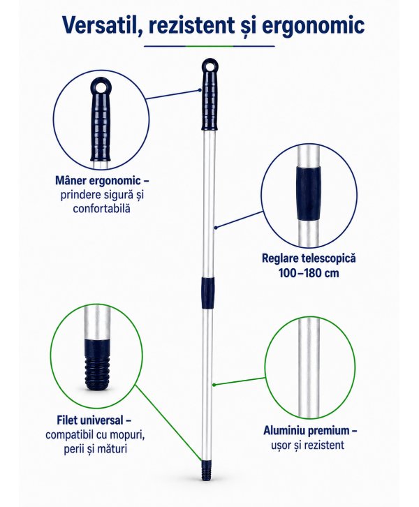 Mâner telescopic Profesional din Aluminiu, Reglabil (100 - 180 cm) pentru Mopuri, Perii de Praf, Mături, Raclete de Pardoseli
