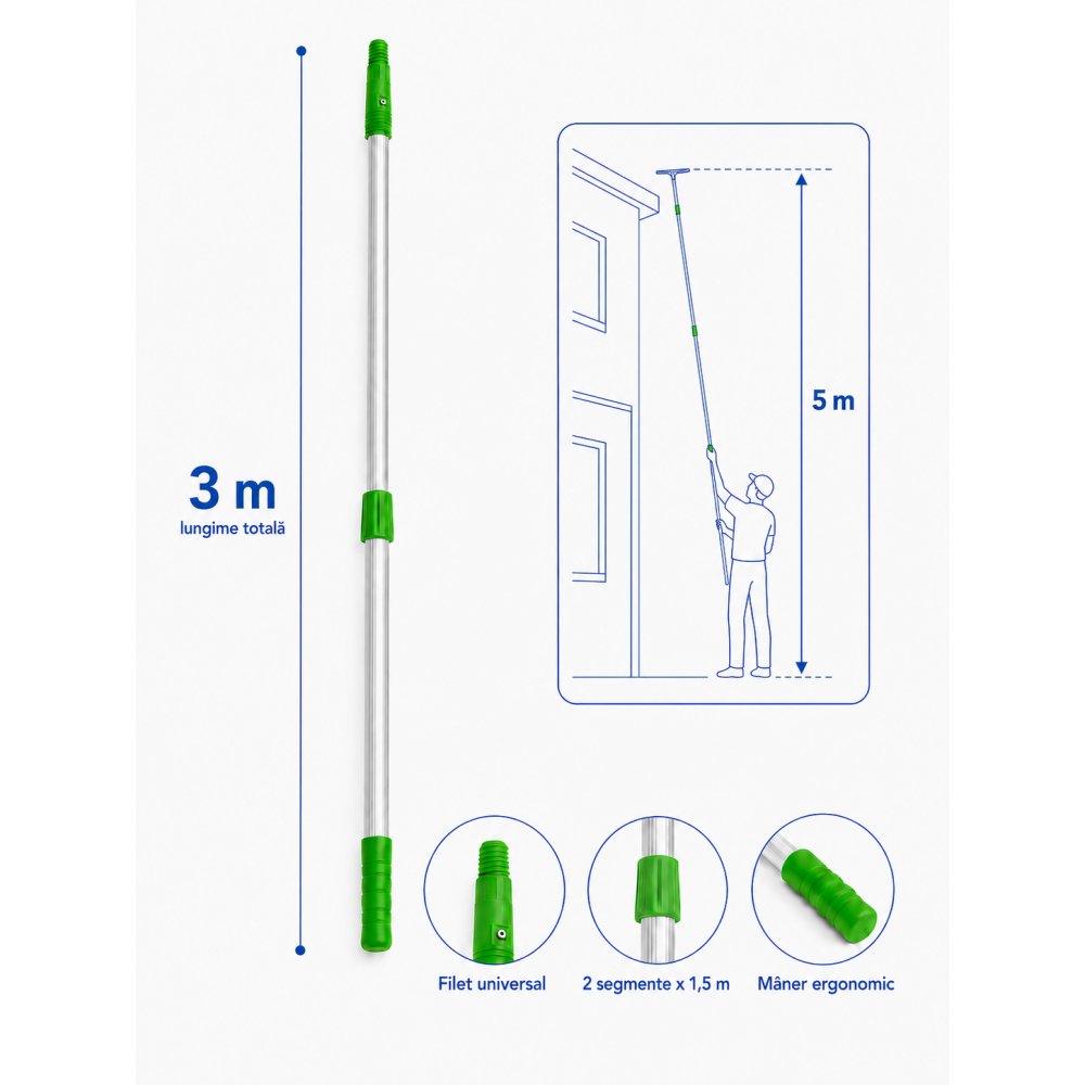 Mâner Telescopic Profesional din Aluminiu pentru  Curățenie la Înălțime - 3 metri (2 buc x 1,5 metri)